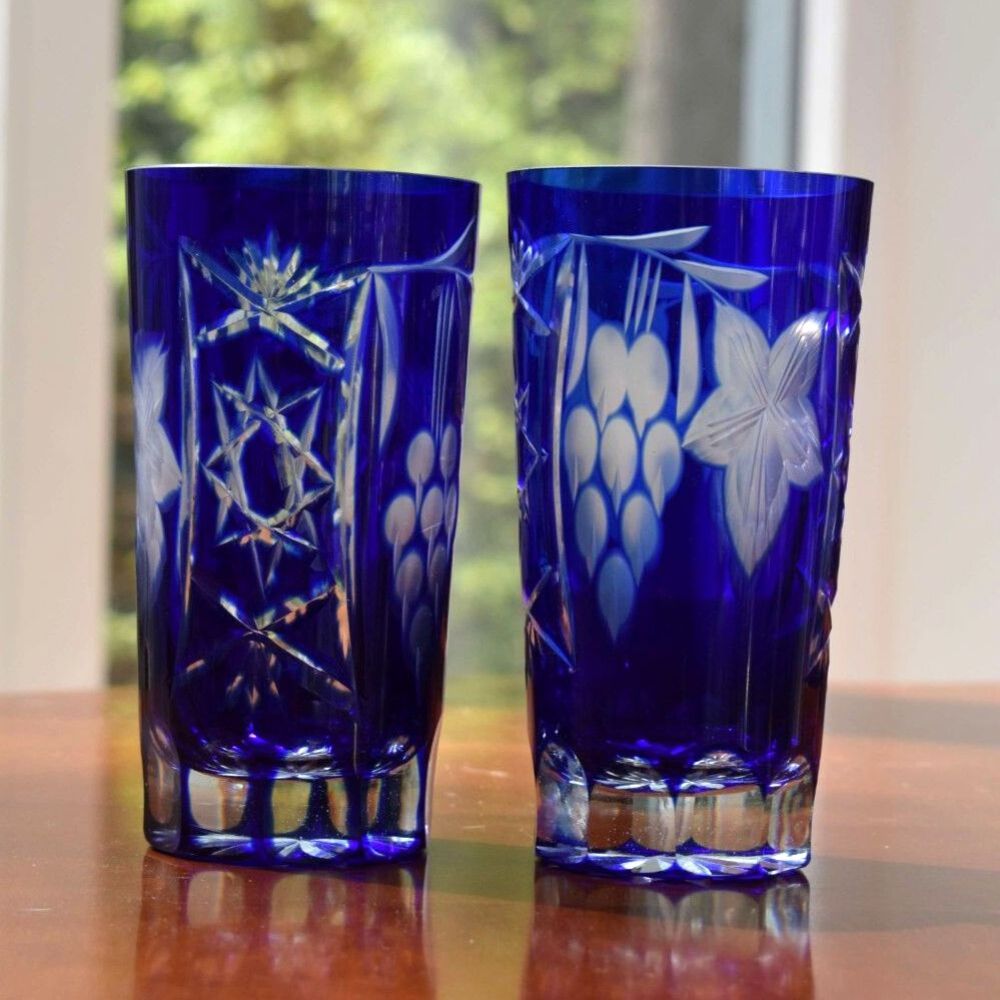 Set of 2 Nachtmann Traube Cobalt Blue Cut to Clear Crystal Highball Glasses - 6"